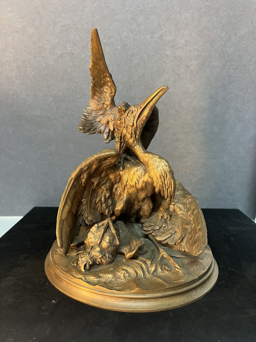 Sculpture XIXe  en bronze massif, Attaque d'un aigle sur un héron, signature à déchiffrer-photo-2