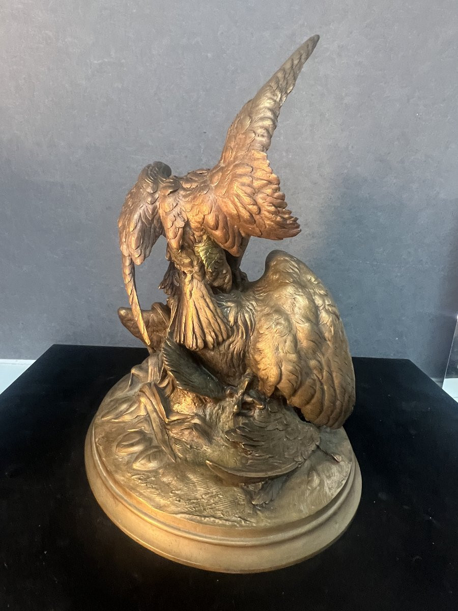 Sculpture XIXe  en bronze massif, Attaque d'un aigle sur un héron, signature à déchiffrer-photo-5