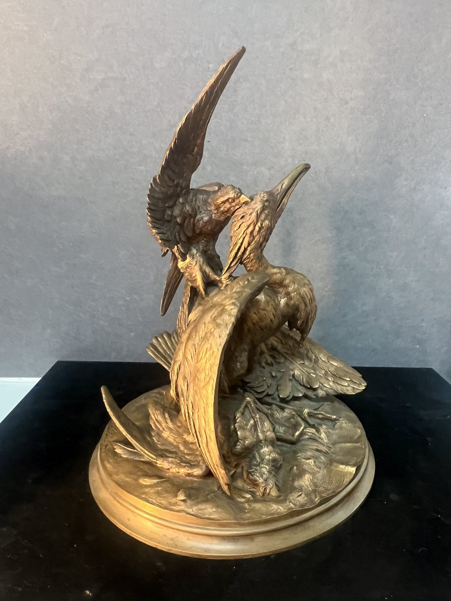 Sculpture XIXe  en bronze massif, Attaque d'un aigle sur un héron, signature à déchiffrer-photo-7
