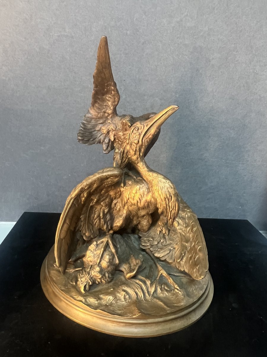 Sculpture XIXe  en bronze massif, Attaque d'un aigle sur un héron, signature à déchiffrer-photo-8
