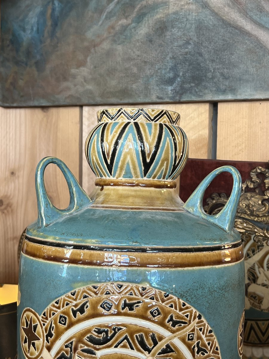 Vase de sol  à 3 anses supérieur en céramique des années 1970, décor vintage, H 56 cm-photo-3