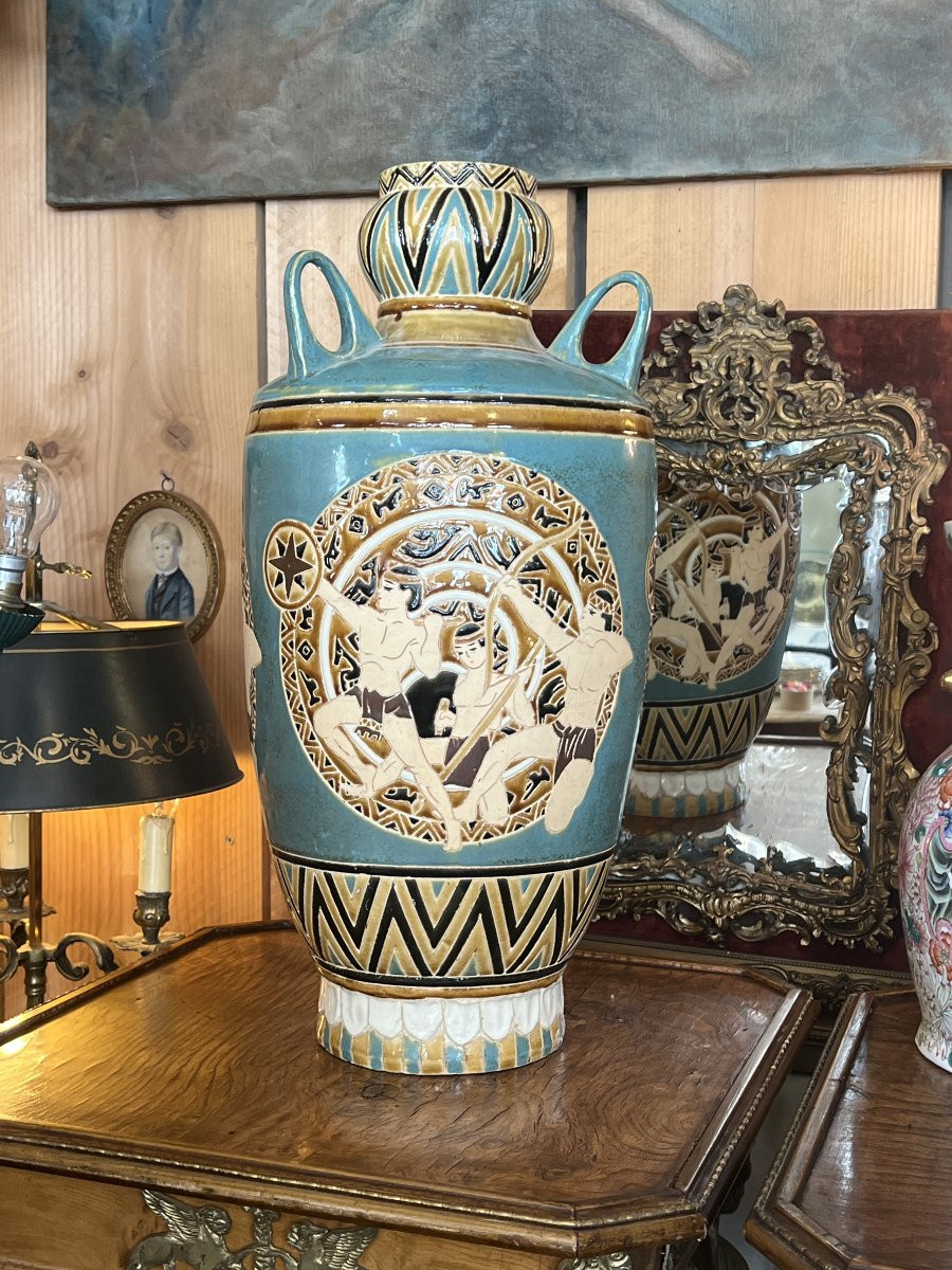 Vase de sol  à 3 anses supérieur en céramique des années 1970, décor vintage, H 56 cm-photo-1