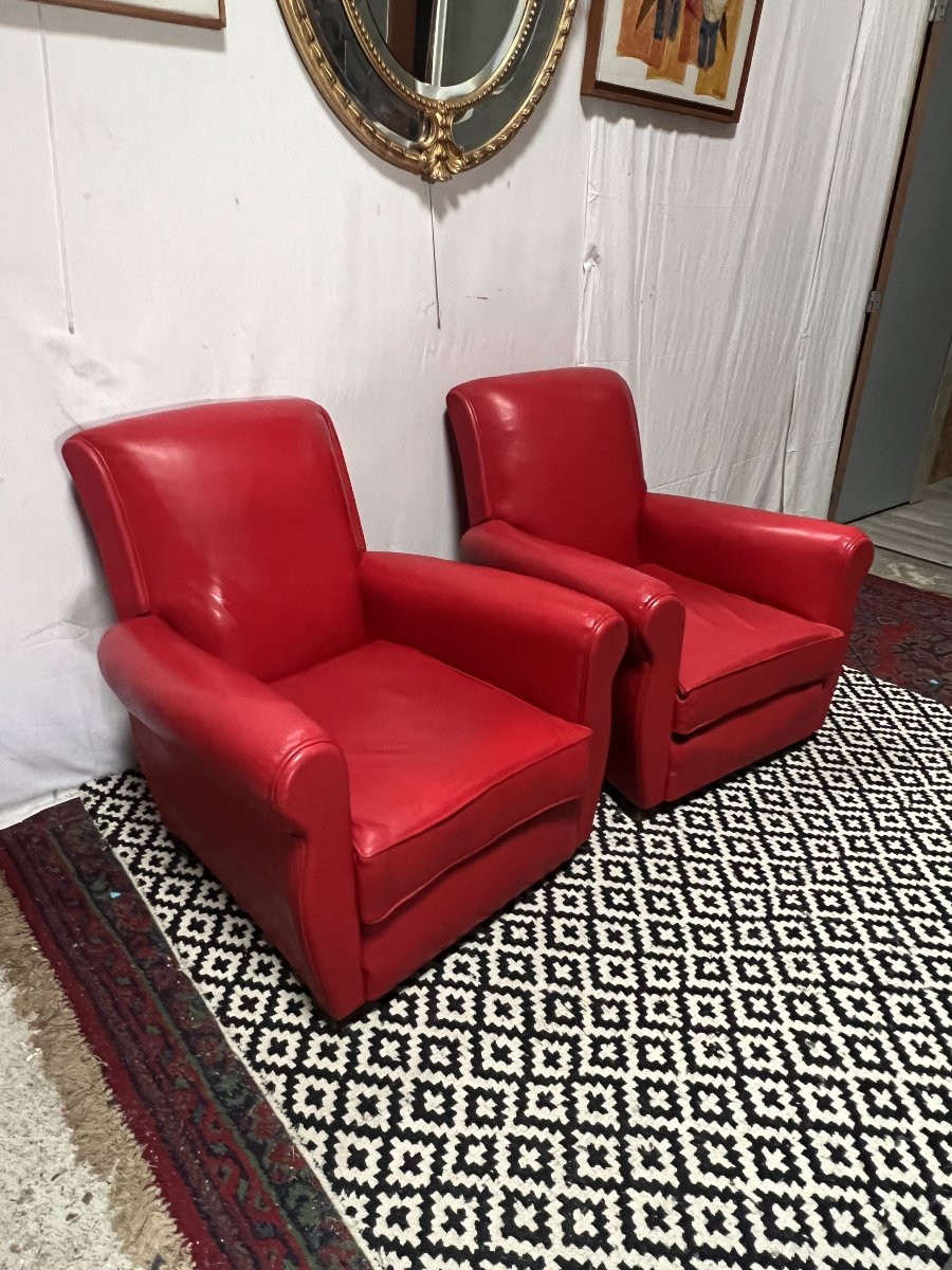 Paire de fauteuils de type club en cuir rouge, original circa 1930/1940-photo-2