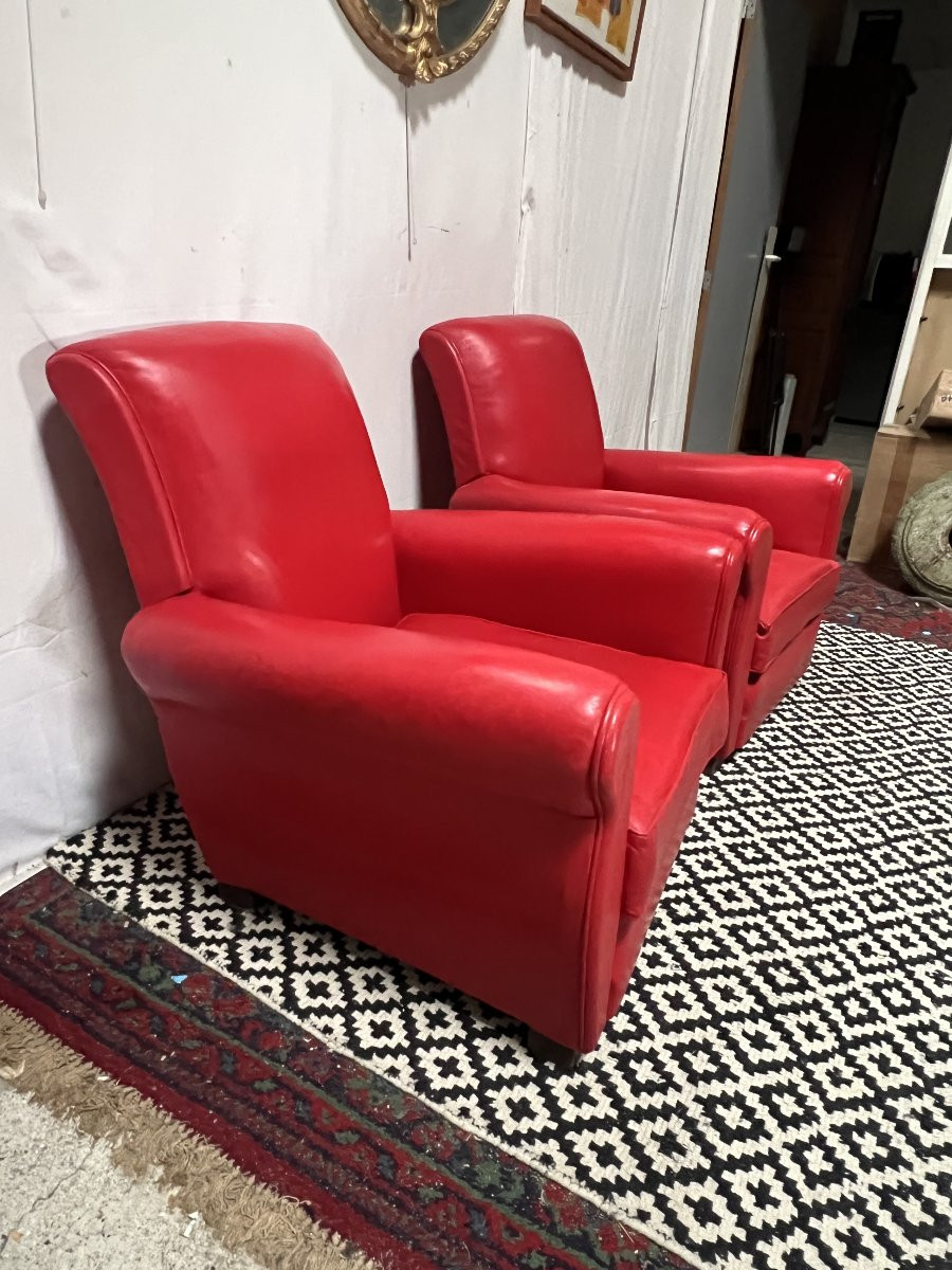 Paire de fauteuils de type club en cuir rouge, original circa 1930/1940-photo-3