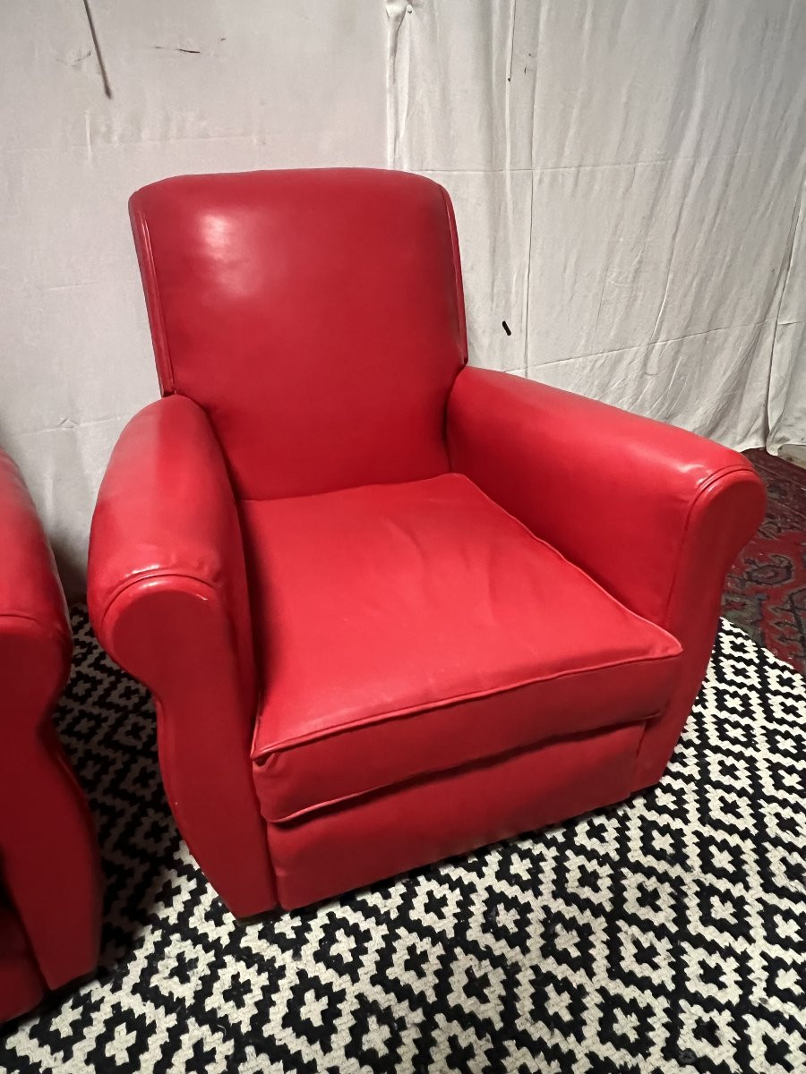 Paire de fauteuils de type club en cuir rouge, original circa 1930/1940-photo-1