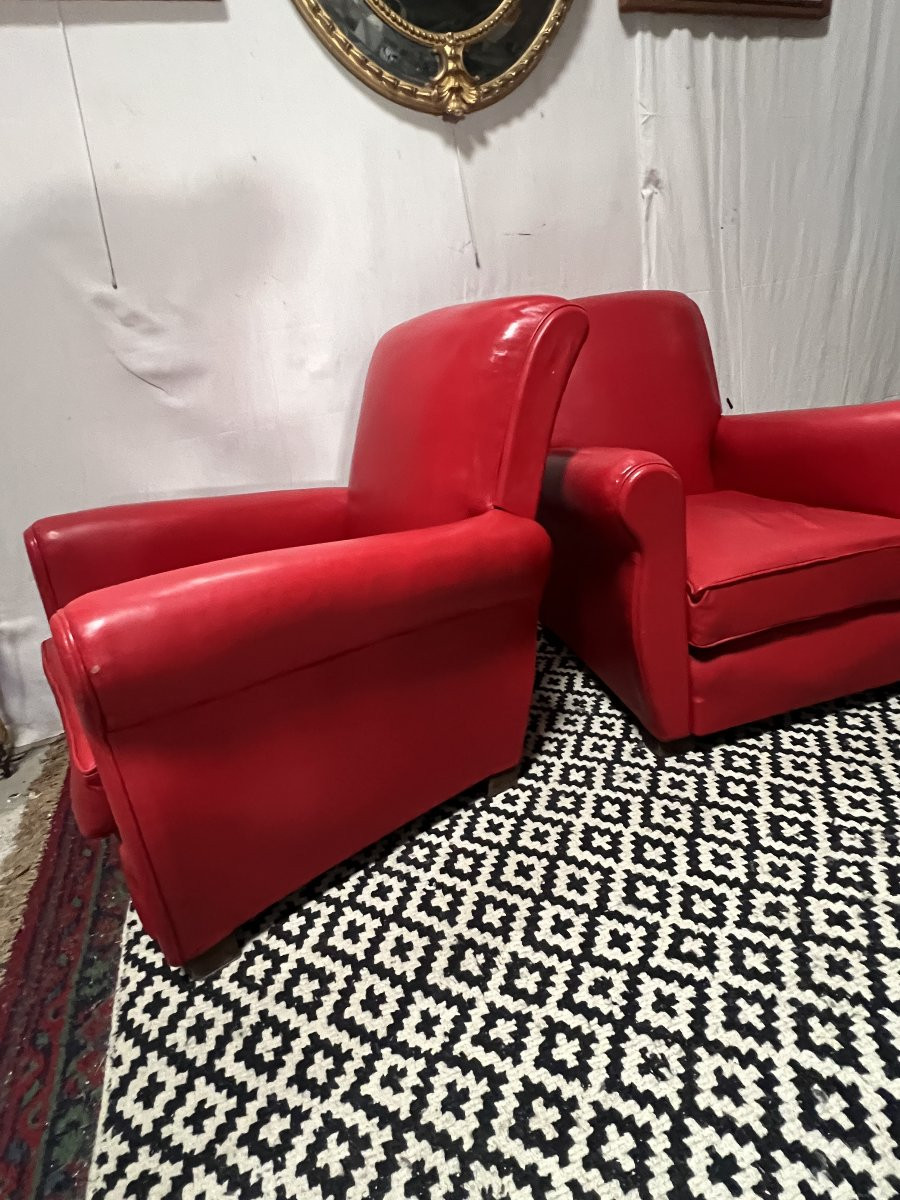 Paire de fauteuils de type club en cuir rouge, original circa 1930/1940-photo-3