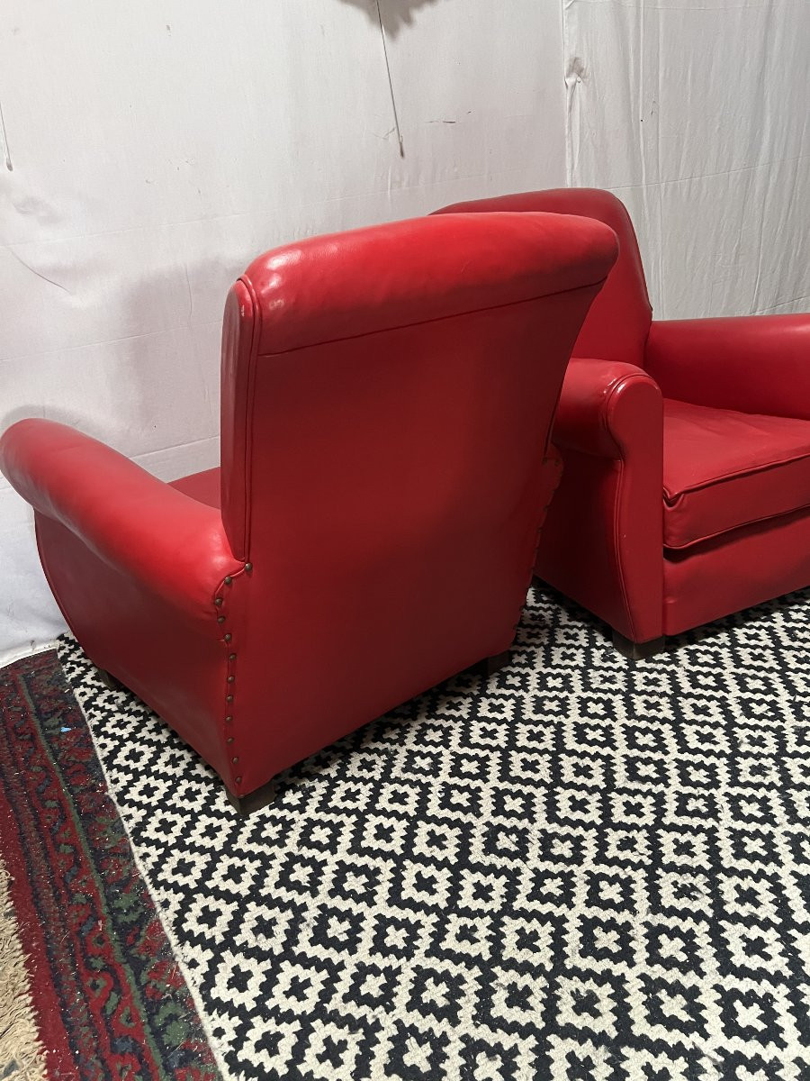 Paire de fauteuils de type club en cuir rouge, original circa 1930/1940-photo-5