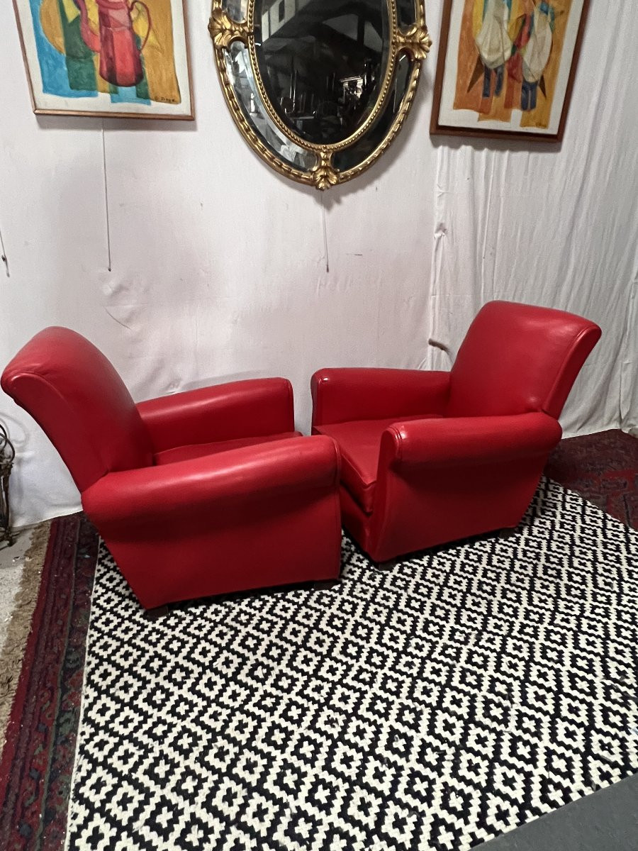 Paire de fauteuils de type club en cuir rouge, original circa 1930/1940-photo-6