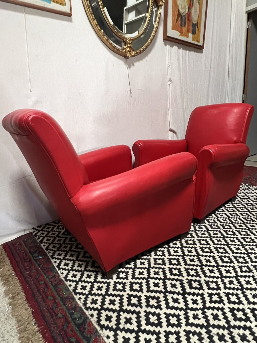 Paire de fauteuils de type club en cuir rouge, original circa 1930/1940-photo-7