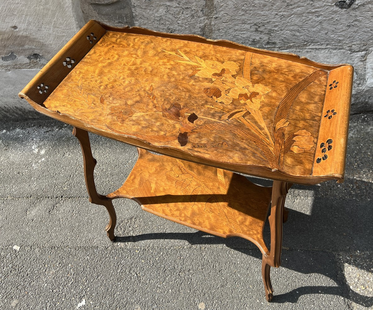 Table à thé à deux plateaux en bois de placage d’époque art Nouveau, signé Émile Gallé-photo-3