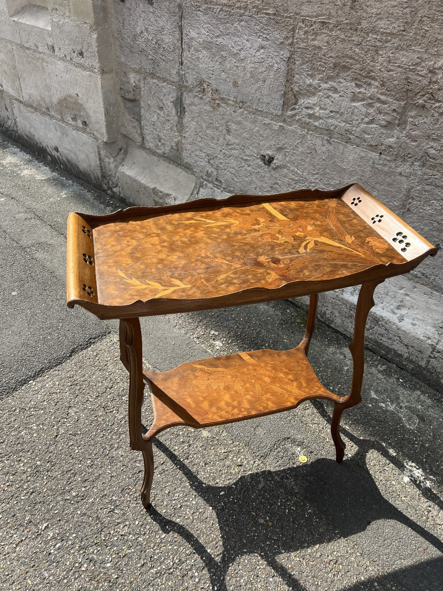 Table à thé à deux plateaux en bois de placage d’époque art Nouveau, signé Émile Gallé-photo-4