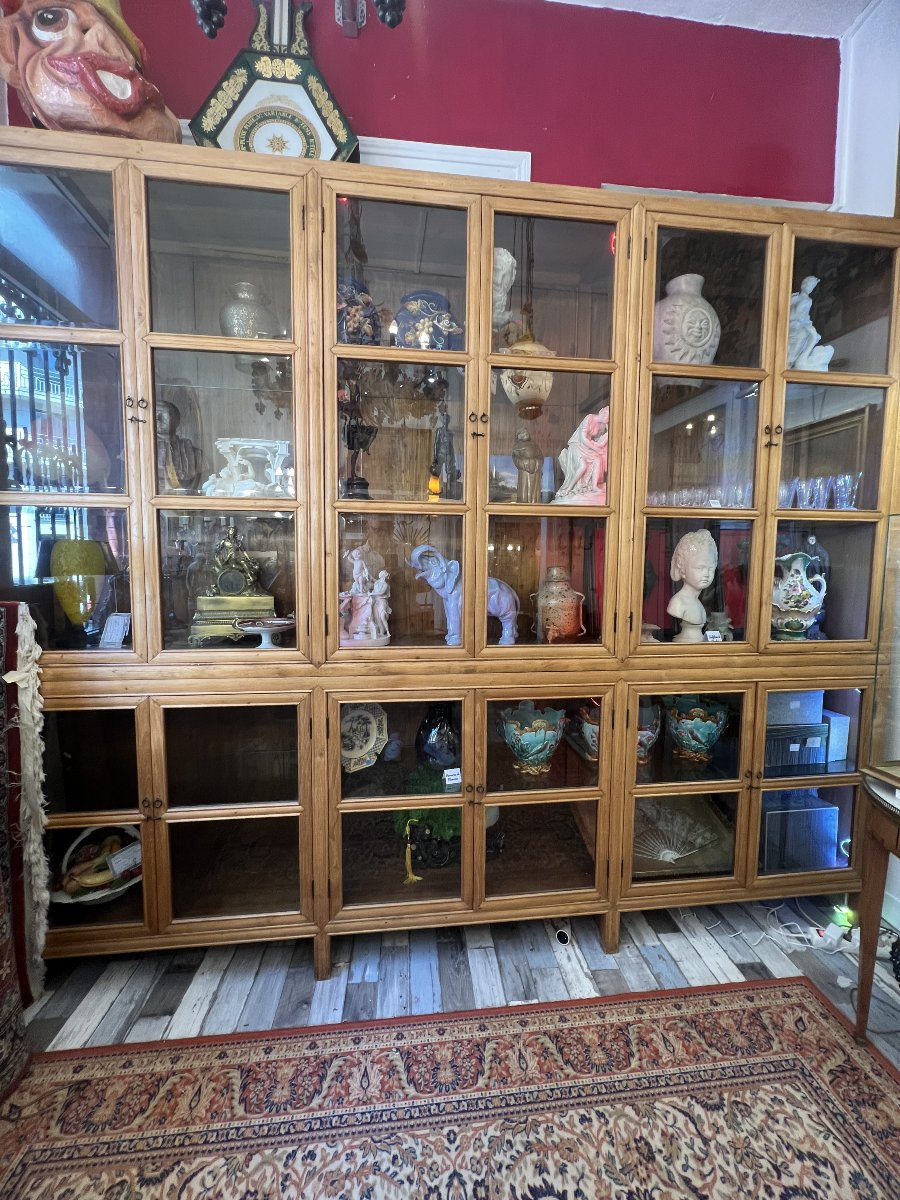 Verry Large Display Cabinet Bookcase In Exotic Wood, 12 Glass Doors-photo-2