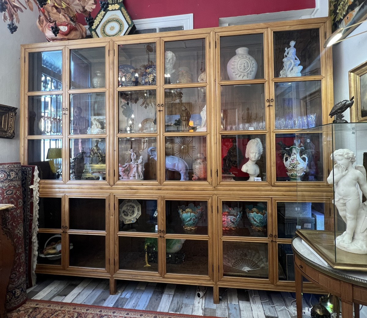 Verry Large Display Cabinet Bookcase In Exotic Wood, 12 Glass Doors