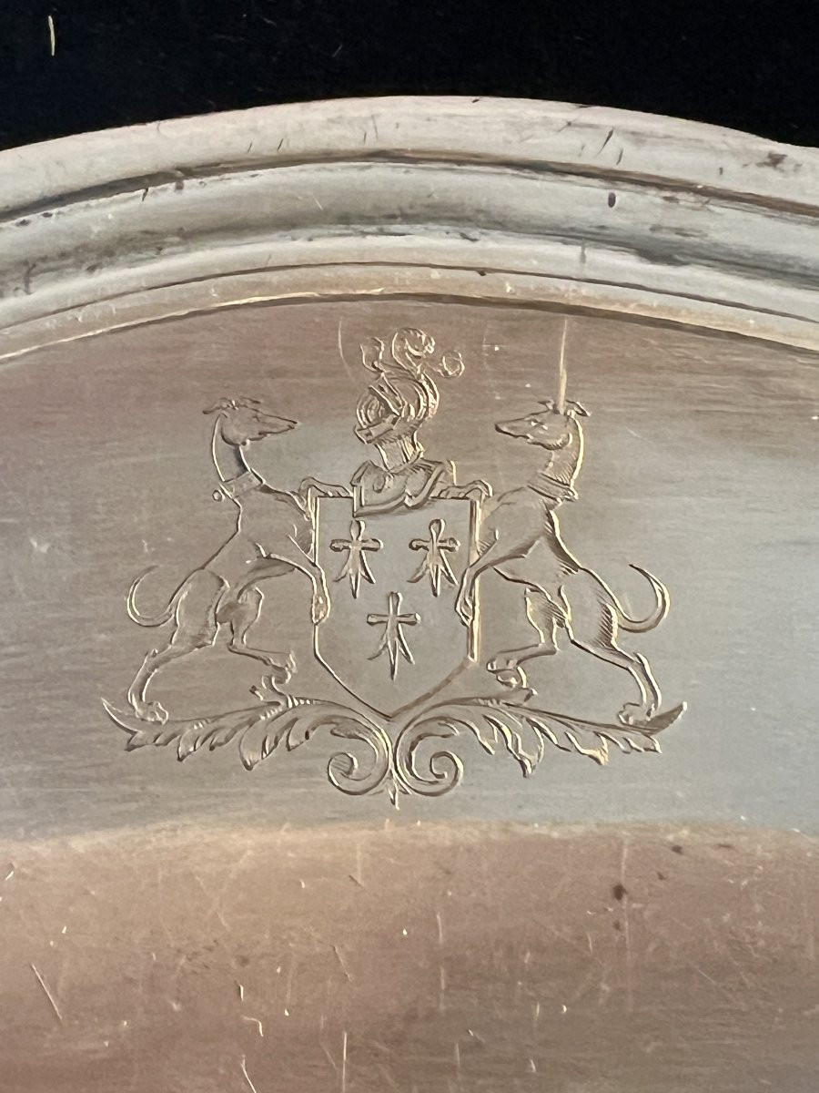 Plat ovale en argent massif XVIIIe siècle, blason aux hermine Breton, fermier généraux-photo-4