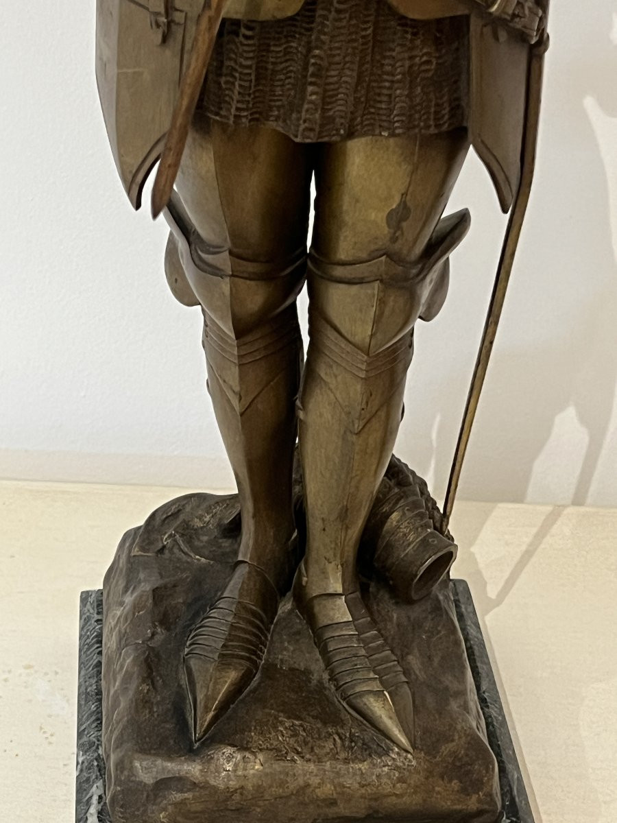 O. Ruffony, sculpture en bronze Jeanne d’arc en armure sur socle en marbre vert portor, fin XIX-photo-4