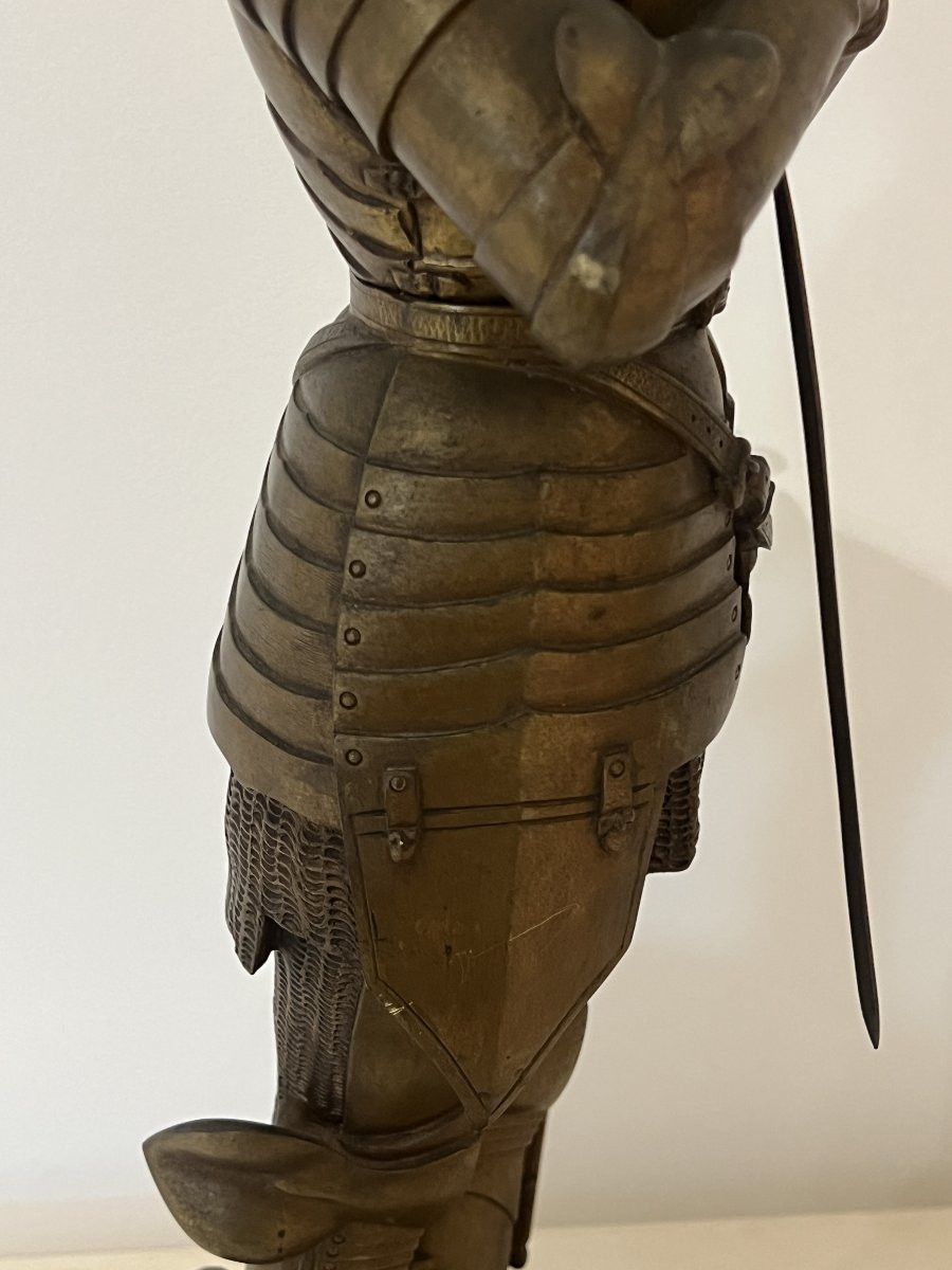 O. Ruffony, sculpture en bronze Jeanne d’arc en armure sur socle en marbre vert portor, fin XIX-photo-4
