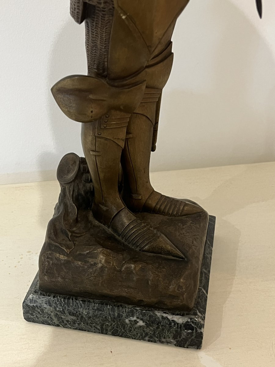 O. Ruffony, sculpture en bronze Jeanne d’arc en armure sur socle en marbre vert portor, fin XIX-photo-5