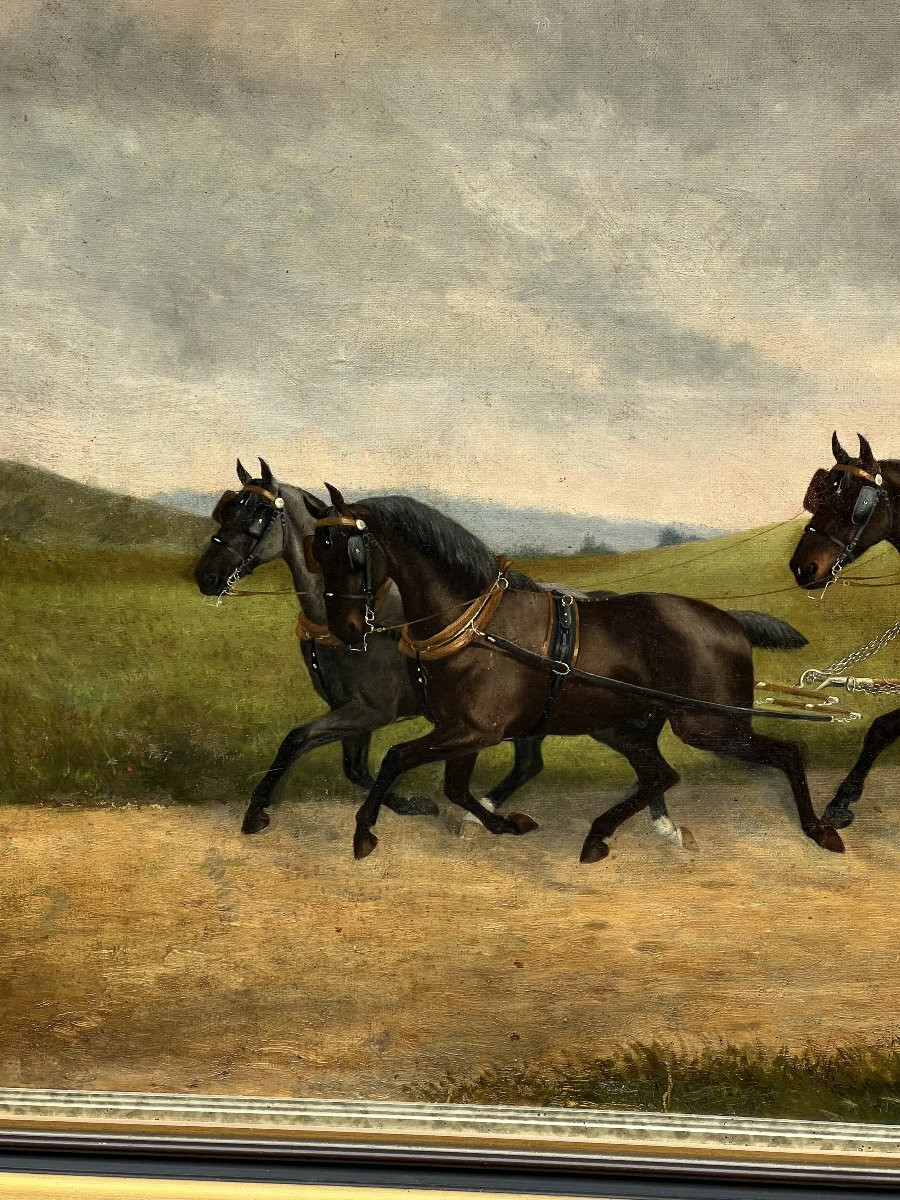 Grande huile sur toile, signé et daté de 1887, représentant un attelage tiré par 4 chevaux-photo-2