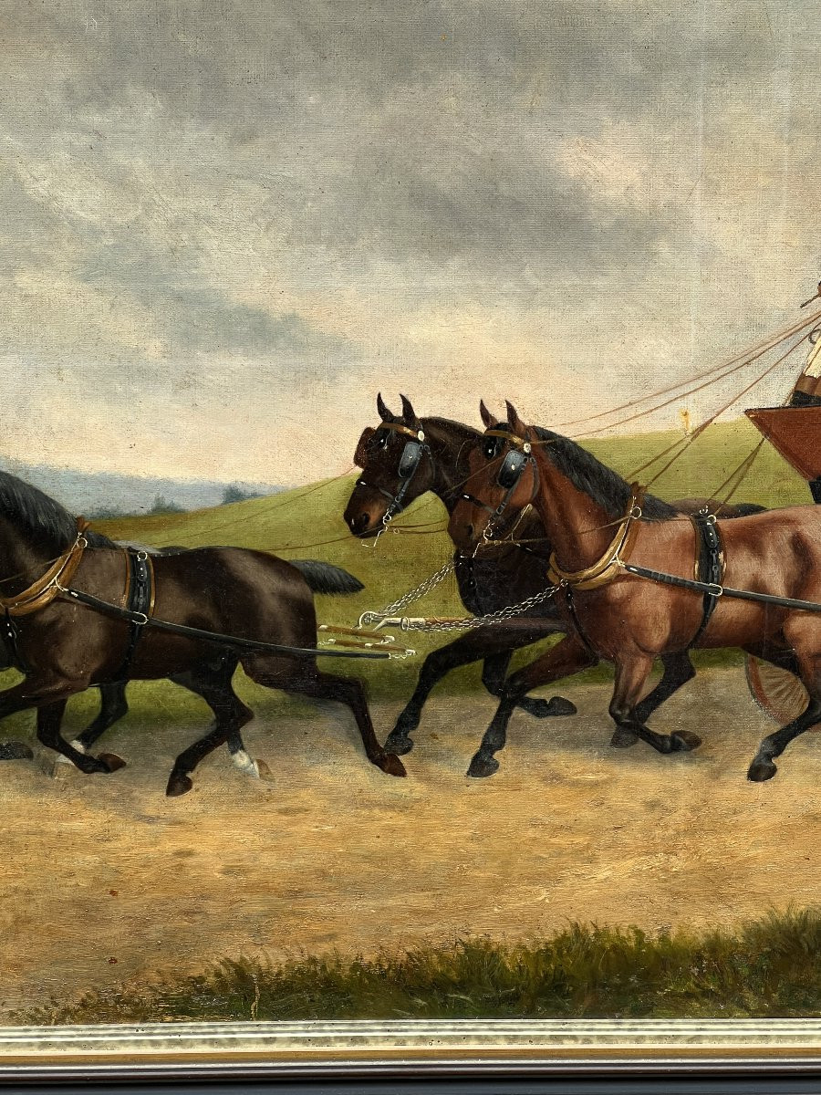 Grande huile sur toile, signé et daté de 1887, représentant un attelage tiré par 4 chevaux-photo-3