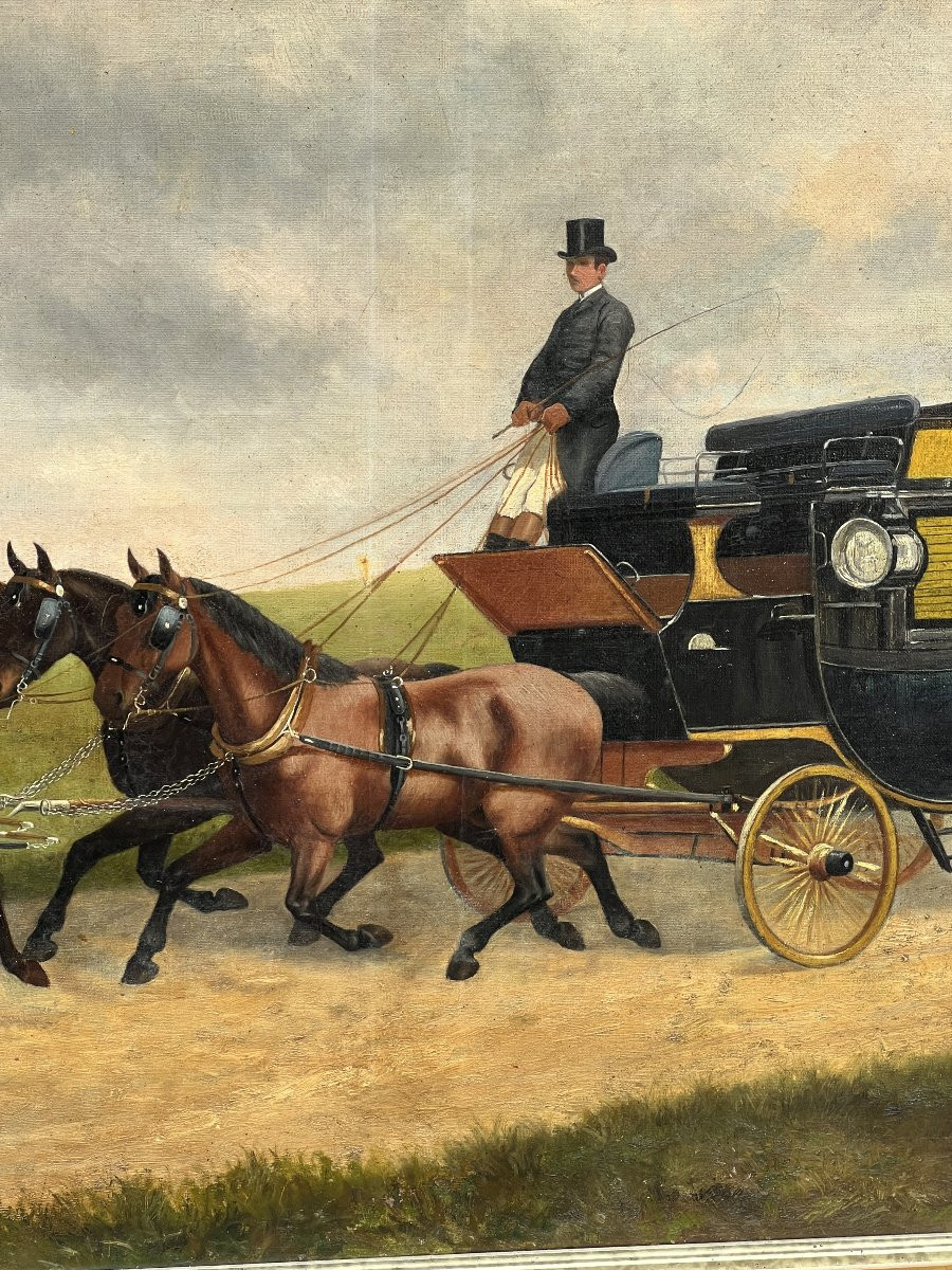 Grande huile sur toile, signé et daté de 1887, représentant un attelage tiré par 4 chevaux-photo-4