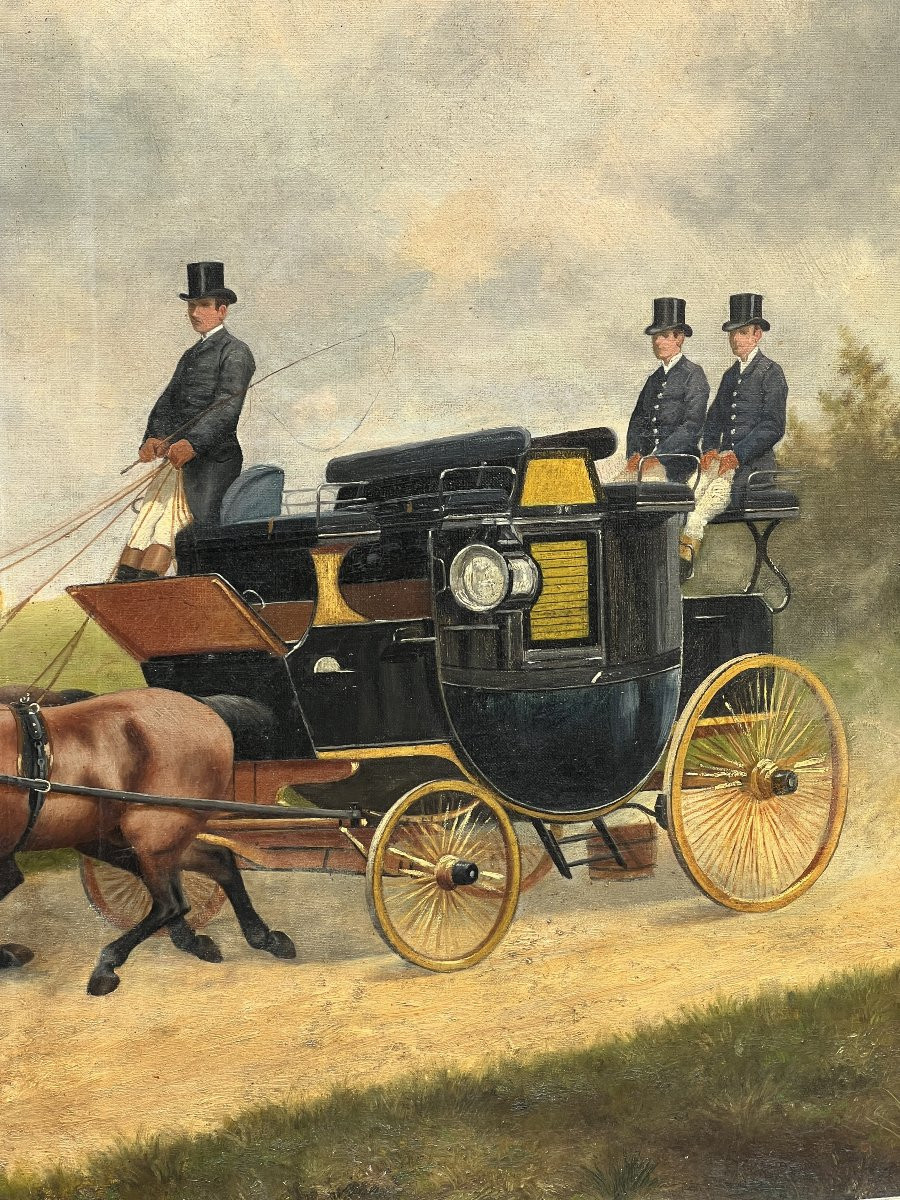 Grande huile sur toile, signé et daté de 1887, représentant un attelage tiré par 4 chevaux-photo-1