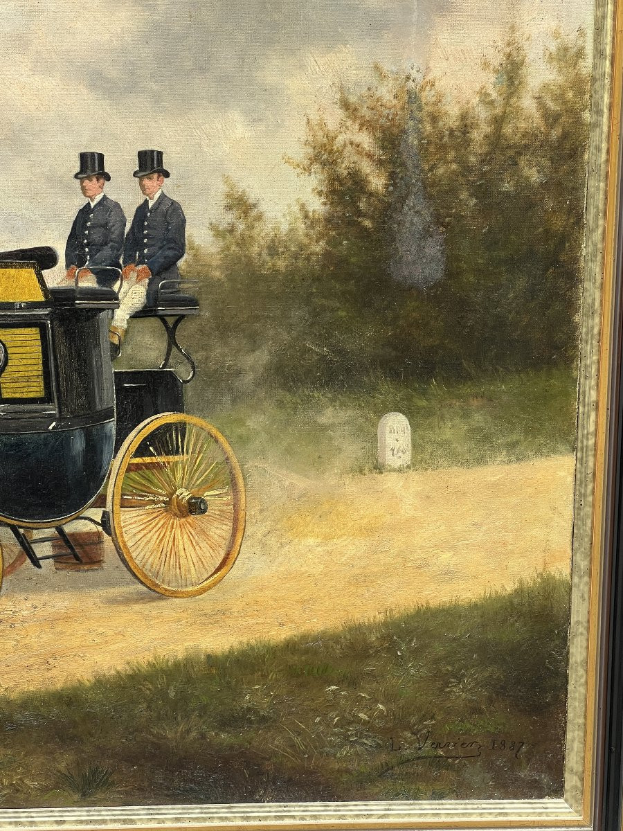 Grande huile sur toile, signé et daté de 1887, représentant un attelage tiré par 4 chevaux-photo-2
