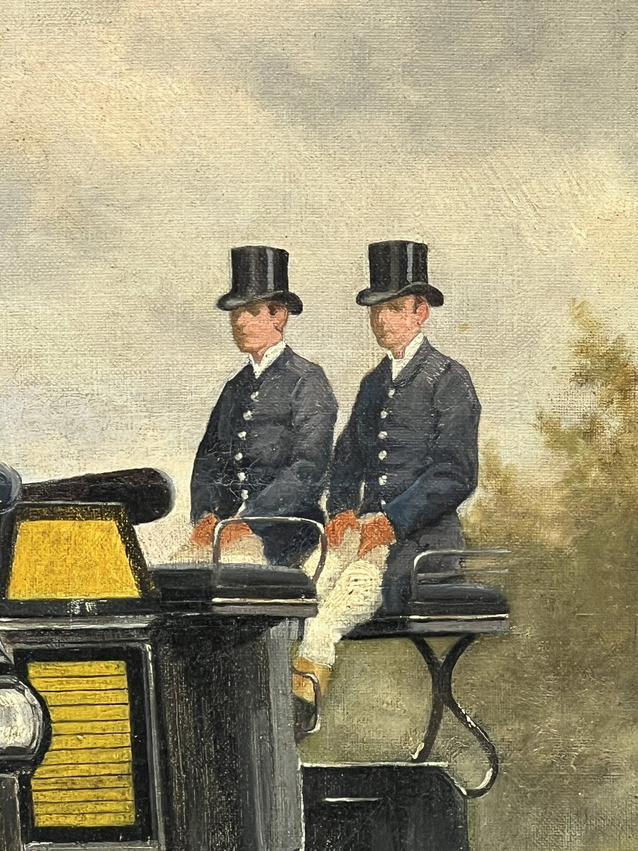 Grande huile sur toile, signé et daté de 1887, représentant un attelage tiré par 4 chevaux-photo-3