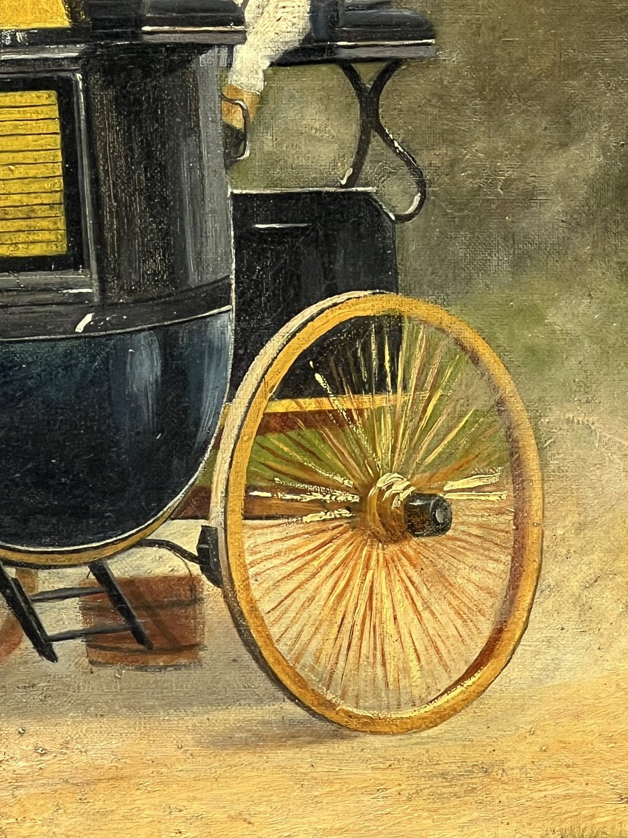 Grande huile sur toile, signé et daté de 1887, représentant un attelage tiré par 4 chevaux-photo-4