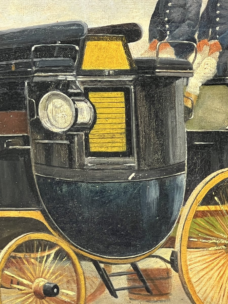 Grande huile sur toile, signé et daté de 1887, représentant un attelage tiré par 4 chevaux-photo-5