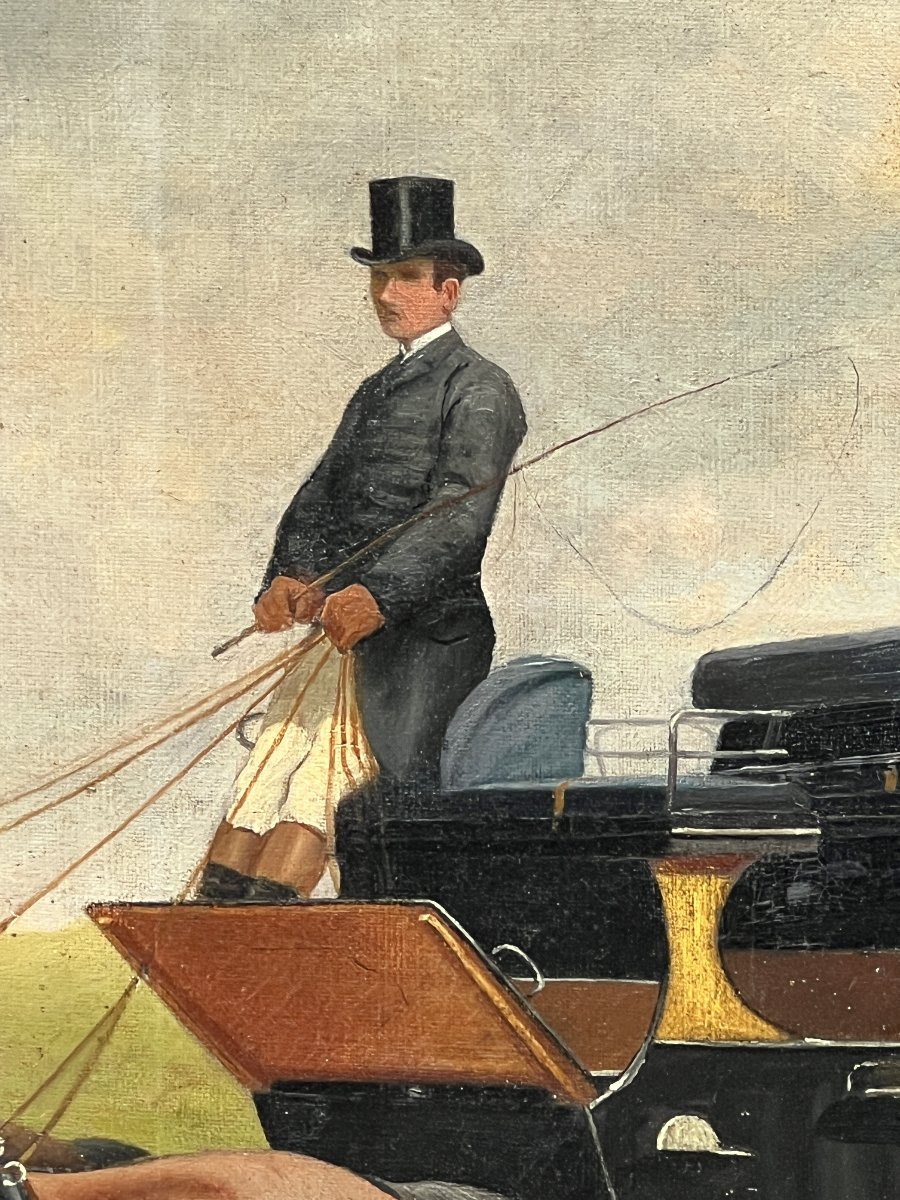 Grande huile sur toile, signé et daté de 1887, représentant un attelage tiré par 4 chevaux-photo-6