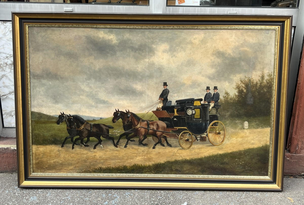 Grande huile sur toile, signé et daté de 1887, représentant un attelage tiré par 4 chevaux