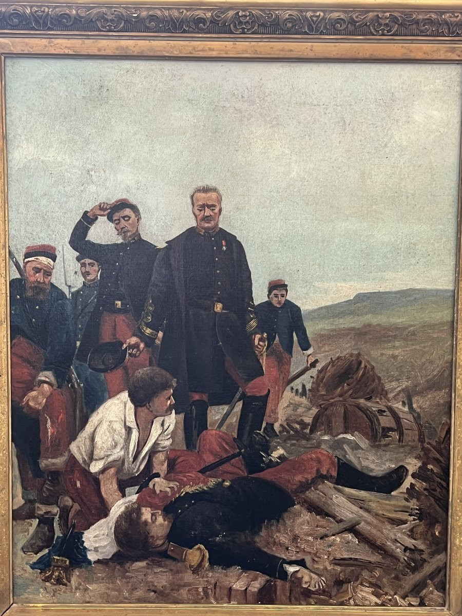 Tableau thème militaire, huile sur toile fin du XIXe siècle, cadre en bois et stuc-photo-2