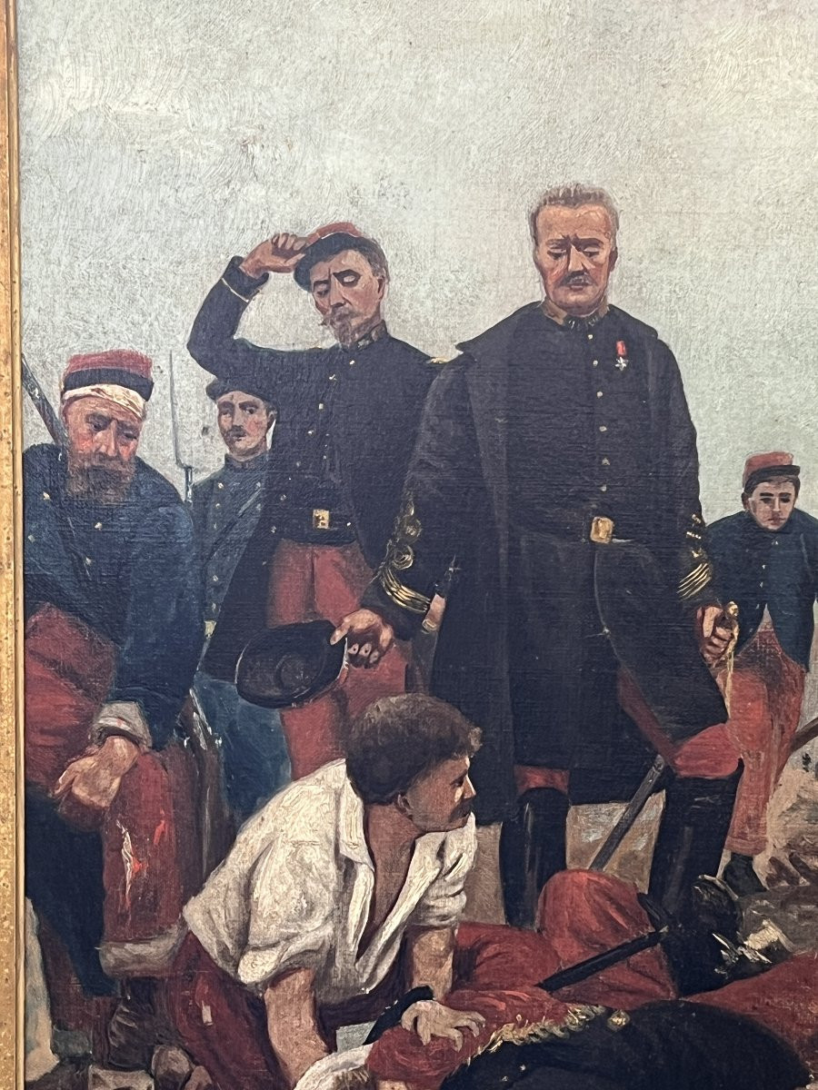 Tableau thème militaire, huile sur toile fin du XIXe siècle, cadre en bois et stuc-photo-3