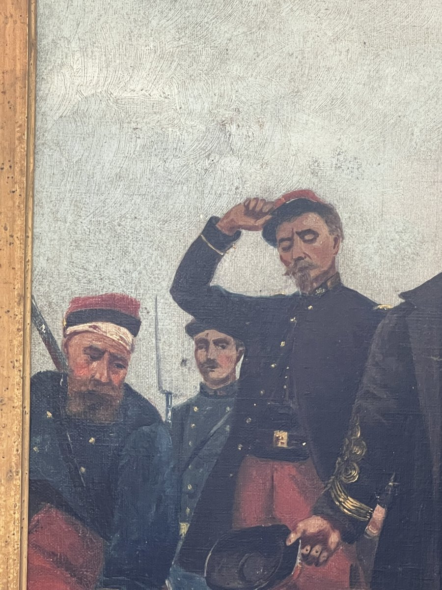 Tableau thème militaire, huile sur toile fin du XIXe siècle, cadre en bois et stuc-photo-4