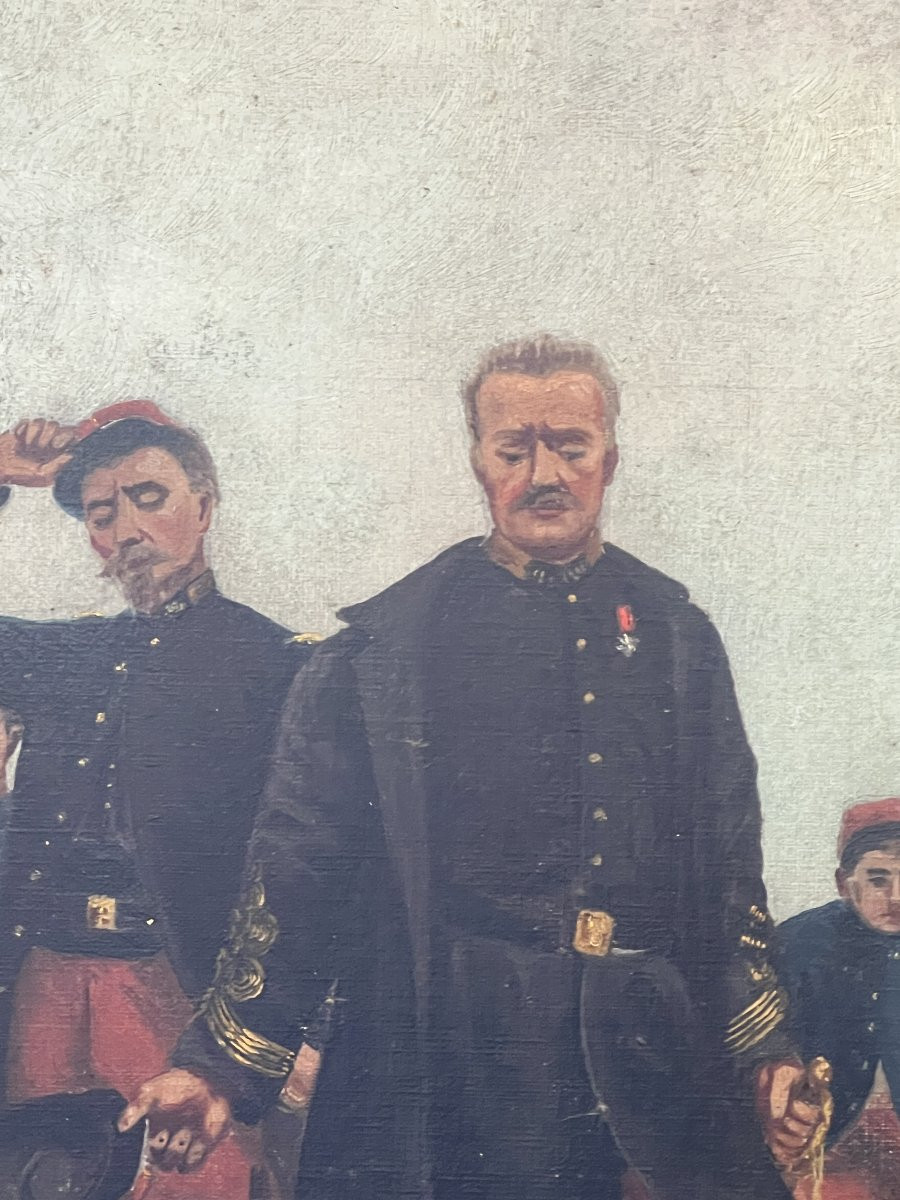 Tableau thème militaire, huile sur toile fin du XIXe siècle, cadre en bois et stuc-photo-1