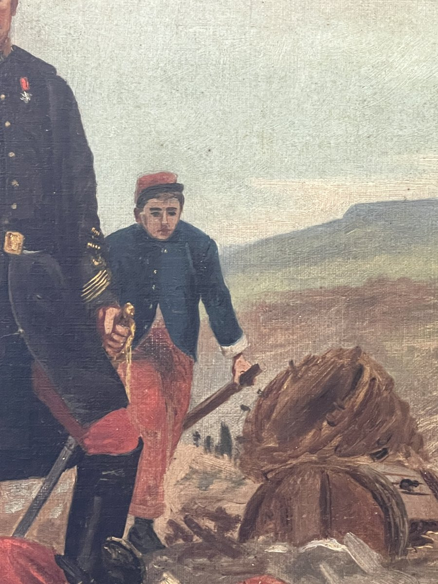 Tableau thème militaire, huile sur toile fin du XIXe siècle, cadre en bois et stuc-photo-2