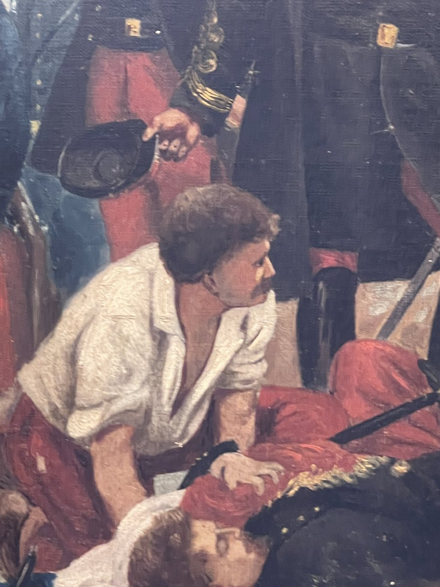 Tableau thème militaire, huile sur toile fin du XIXe siècle, cadre en bois et stuc-photo-3