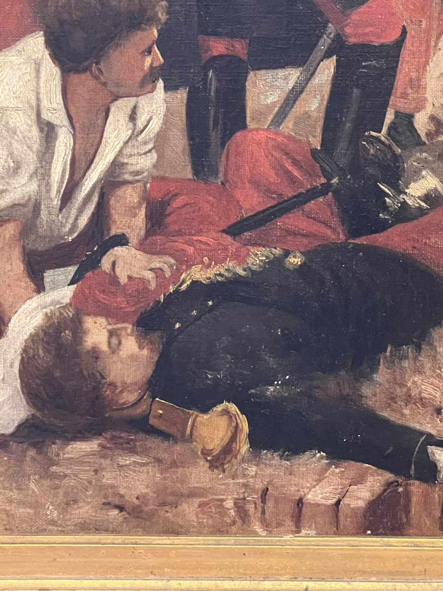 Tableau thème militaire, huile sur toile fin du XIXe siècle, cadre en bois et stuc-photo-4
