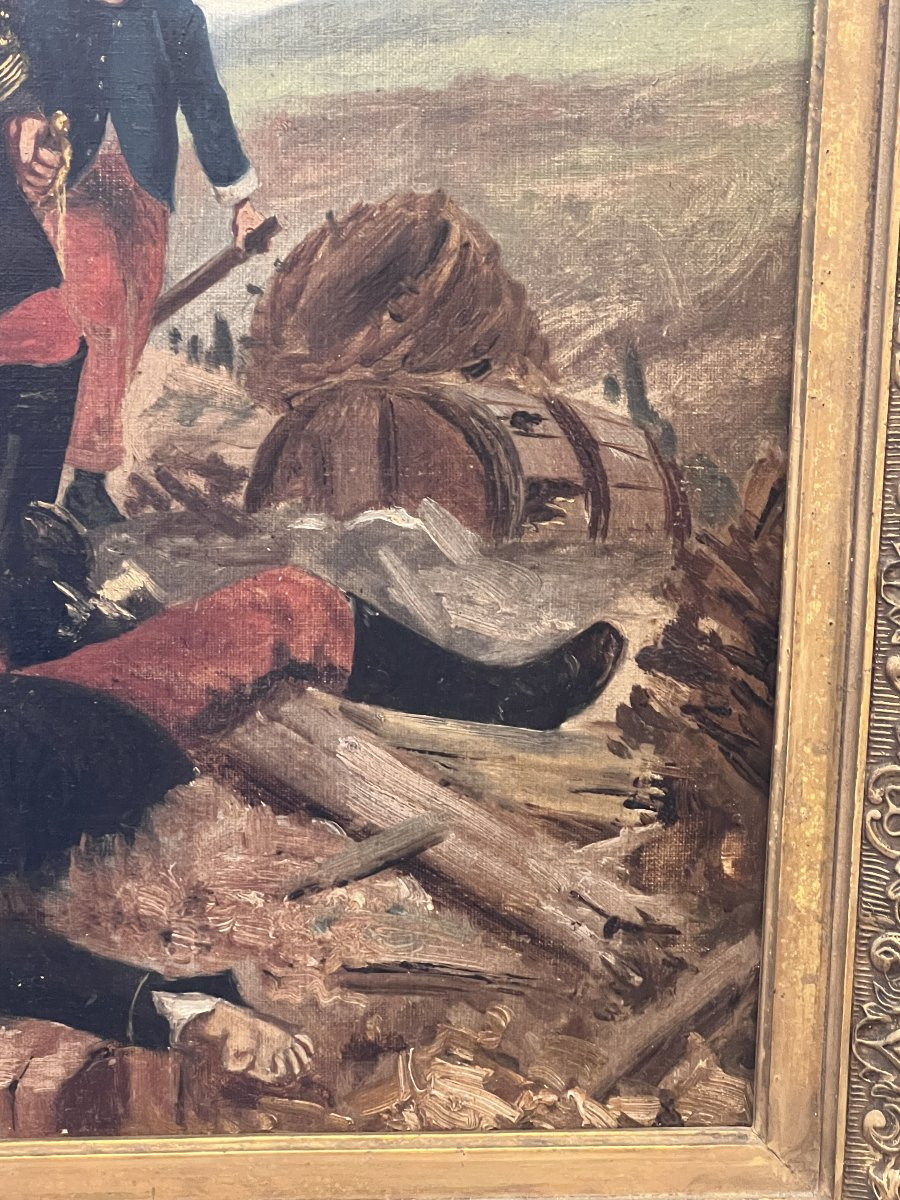 Tableau thème militaire, huile sur toile fin du XIXe siècle, cadre en bois et stuc-photo-5