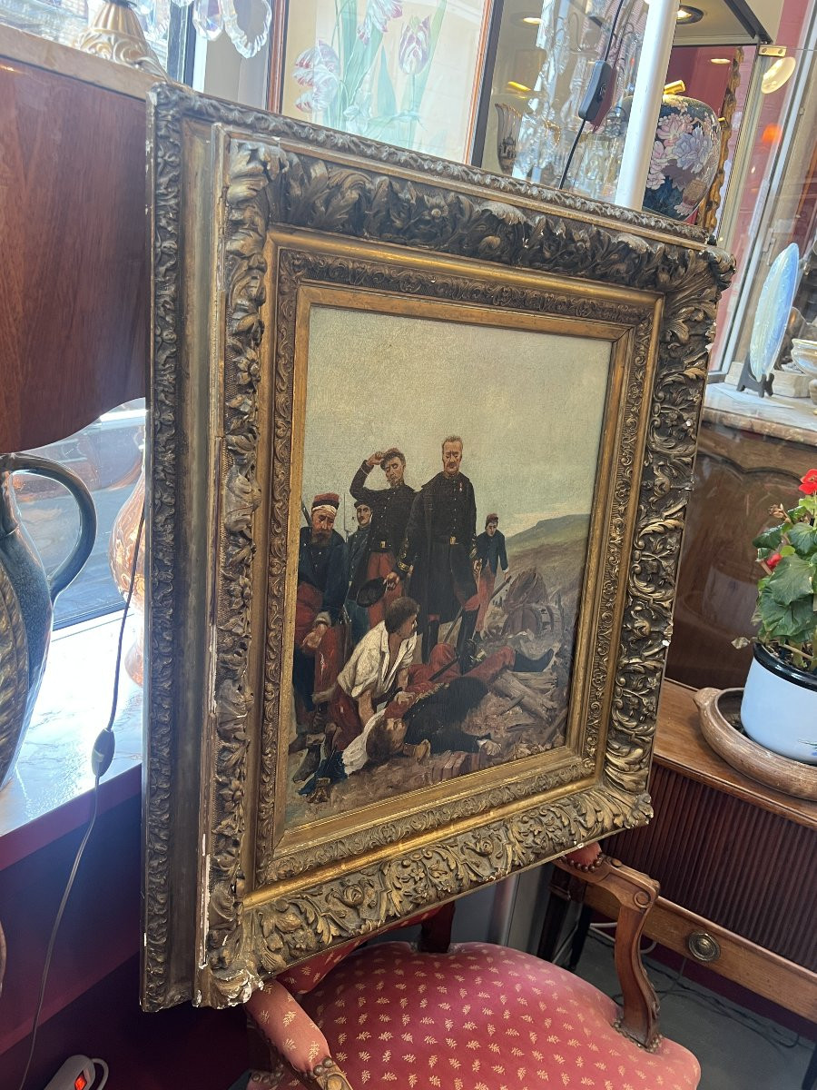 Tableau thème militaire, huile sur toile fin du XIXe siècle, cadre en bois et stuc-photo-6
