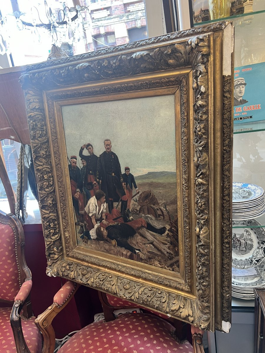 Tableau thème militaire, huile sur toile fin du XIXe siècle, cadre en bois et stuc-photo-7