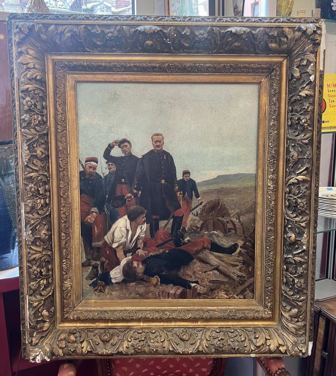 Tableau thème militaire, huile sur toile fin du XIXe siècle, cadre en bois et stuc