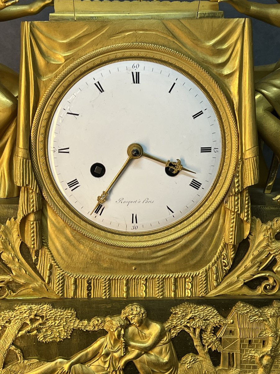 Rocquet à Paris, pendule en bronze doré au mercure, style Empire du XVIIIe siècle, jeu de dame-photo-2