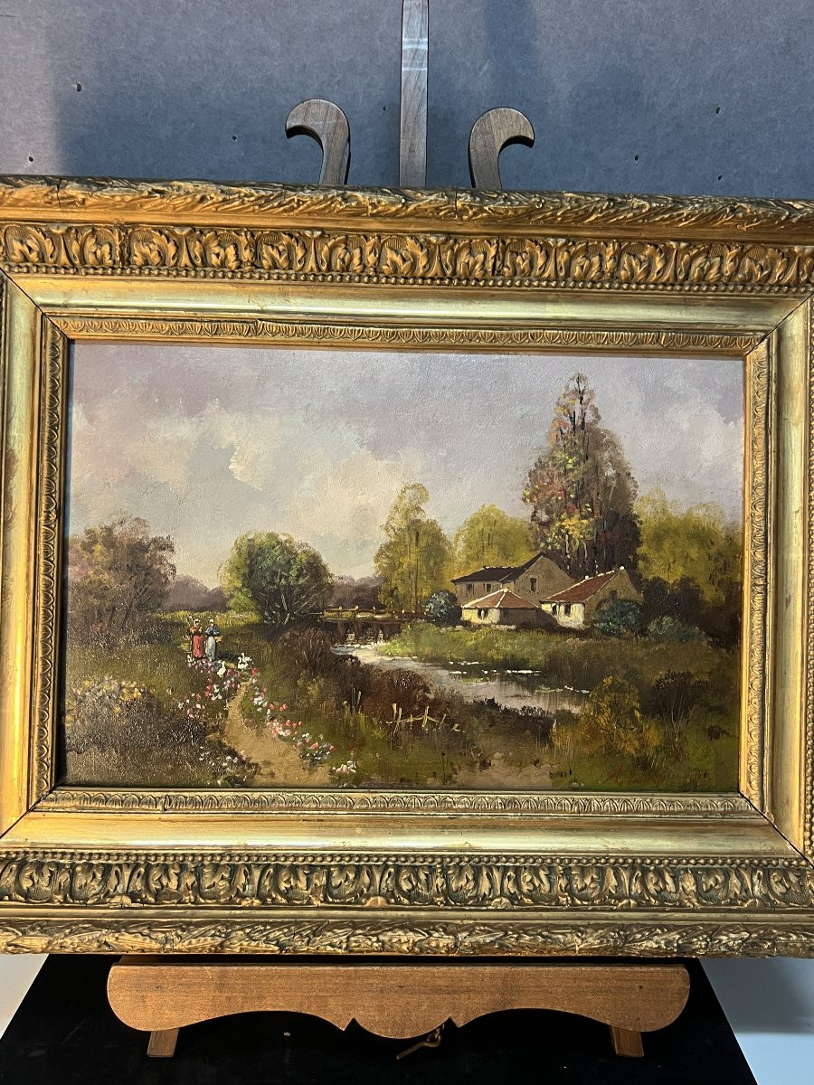 Eugène Galien-Laloue, signé sous le pseudo A. Languinais, huile sur panneau décor champêtre-photo-2