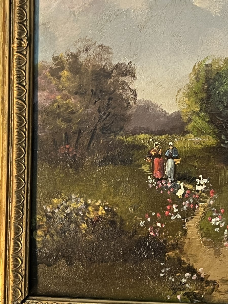 Eugène Galien-Laloue, signé sous le pseudo A. Languinais, huile sur panneau décor champêtre-photo-4