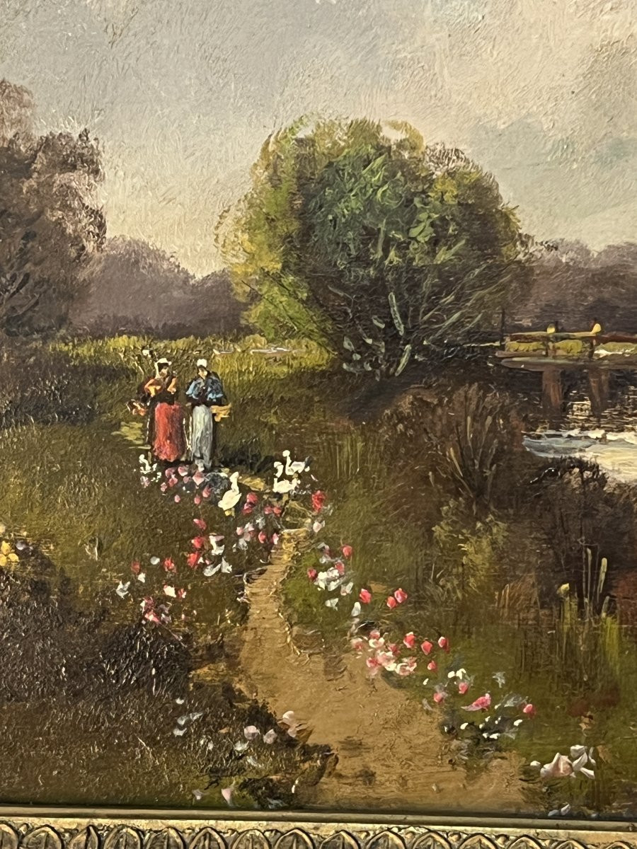 Eugène Galien-Laloue, signé sous le pseudo A. Languinais, huile sur panneau décor champêtre-photo-1