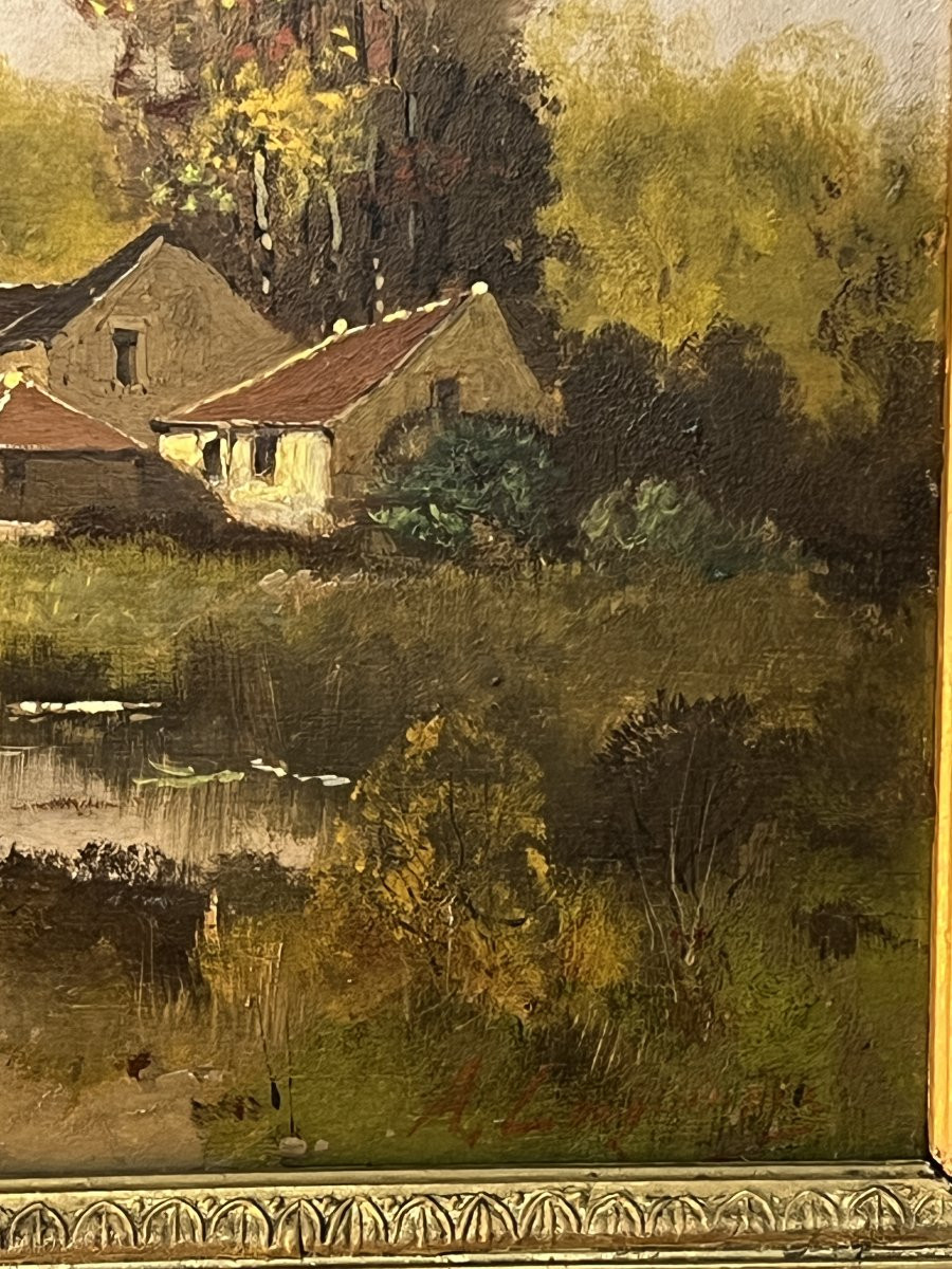 Eugène Galien-Laloue, signé sous le pseudo A. Languinais, huile sur panneau décor champêtre-photo-3
