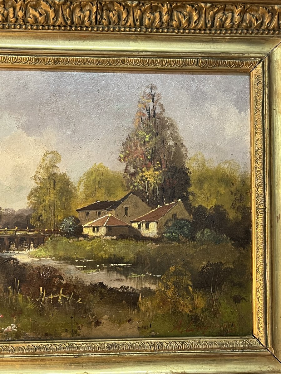 Eugène Galien-Laloue, signé sous le pseudo A. Languinais, huile sur panneau décor champêtre-photo-5