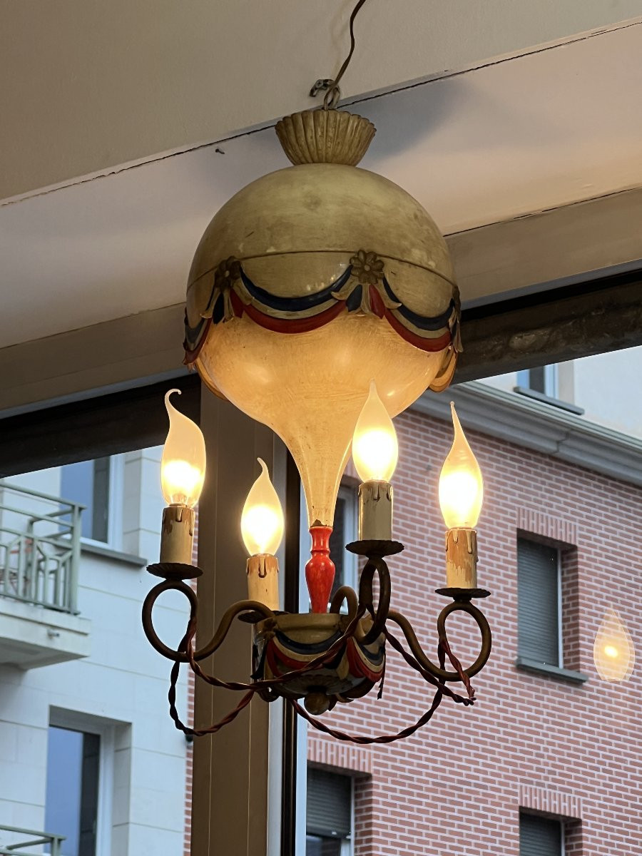Petite lustre montgolfière en tôle peinte commémorative de la Révolution française années 50-photo-2
