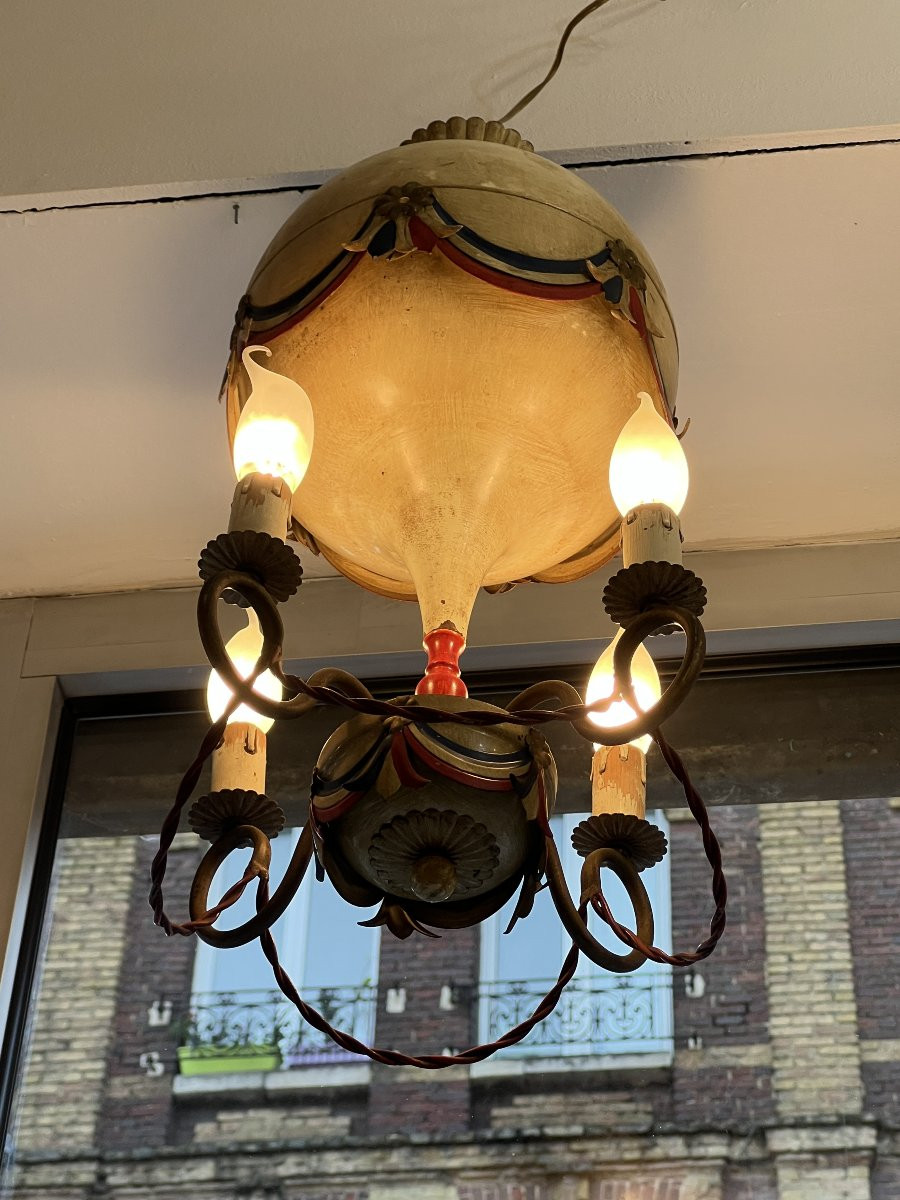 Petite lustre montgolfière en tôle peinte commémorative de la Révolution française années 50-photo-3